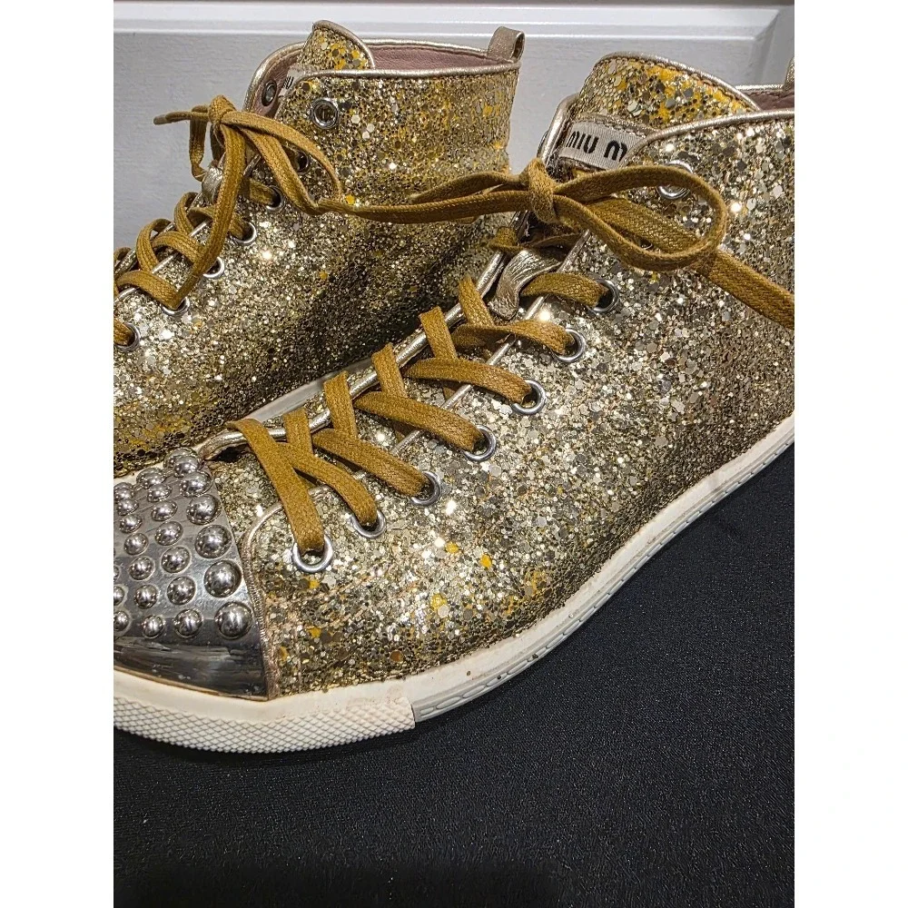 Miu Miu Glitter Studded High‎ Top Sneakers Sz 39.5 Gold Sparkle Silver Studs